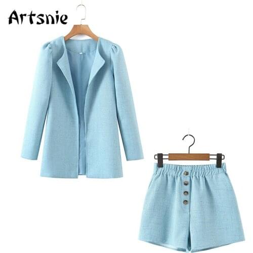 Artsnie Autumn 2021 Womens Tracksuit Blazer And High Waist Shorts Two Piece Set Sky Blue Casual Ladies Blazer Shorts Suit