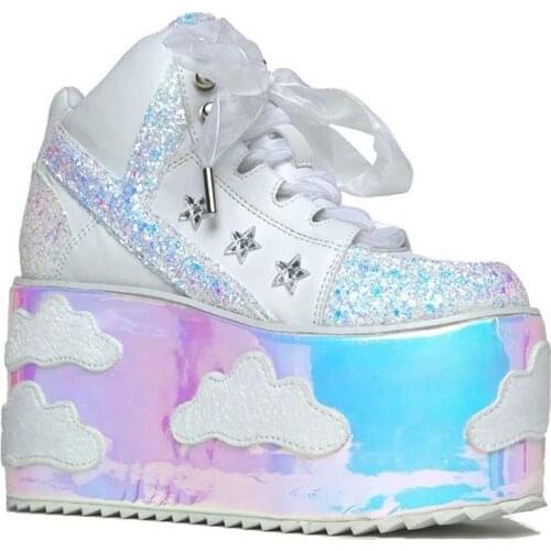 White Clouds Decor Super Thick Patform sole Casual Shoes Rhinestone Star Bling Seuqins Patchwork Lace up High top Spring Shoes