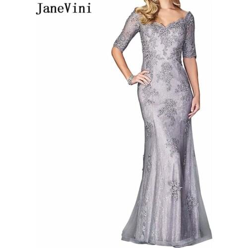 JaneVini Elegant Silver Mermaid Mother of The Bride Dresses Half Sleeves Appliques Beaded Lace Floor Length Wedding Party Gowns