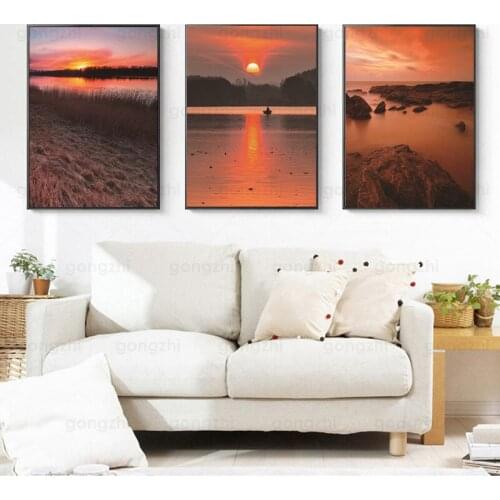 Natural Landscape Photography Painting Sunset Golden Yellow Sky Sea Water Forest Home Decor Wall Painting Canvas Print Poster