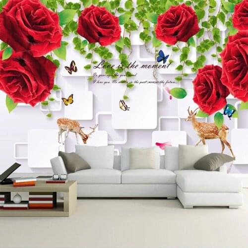 Custom Wallpaper Murals 3D Stereoscopic Square Red Rose Flowers TV Background Wall Decor Painting Modern Living Room Decoration