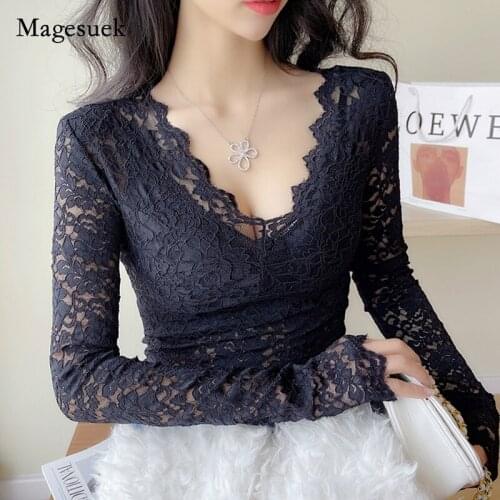 Spring V Neck Sexy Lace Blouse Women 2021 Long Sleeve Solid Crochet Lace Shirt New Hollow High Waist Solid Short Lace Top 13725
