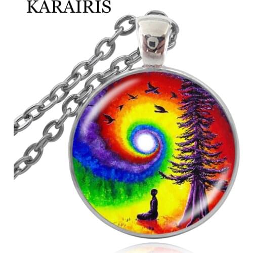 KARAIRIS Handmade Jewelry Tree of Life Meditation Chakra Necklace Full Moon Pendant Glass Cabochon Long Sweater Chain Necklace