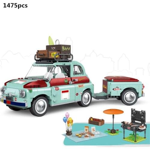 Creator Expert Tourist Picnic Car Party Trailer Tractor Building Blocks Kit Bricks Modern Car Transport Vehicle Kids Toys Gifts