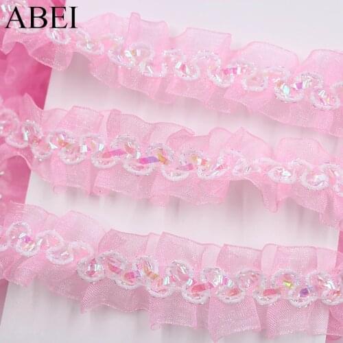 2.5cm Pink Organza Chiffon Lace Trims Baby Favor Wedding Crafts Doll Clothing Curtain Fabric Decoration Tape DIY Sew lace Ribbon