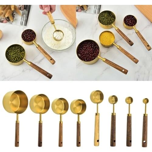 4/8pcs Stainless Steel Measuring Spoons Cups Wooden Handle Household Kitchen Dining Bar Baking Cake Sugar Tools Set