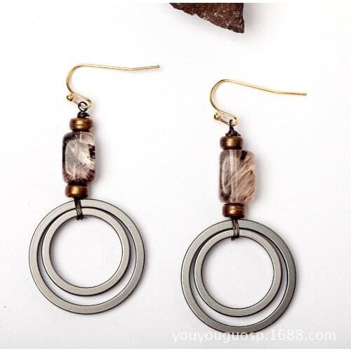 2020 new handmade Double loop natural stone pendant drop earrings for women