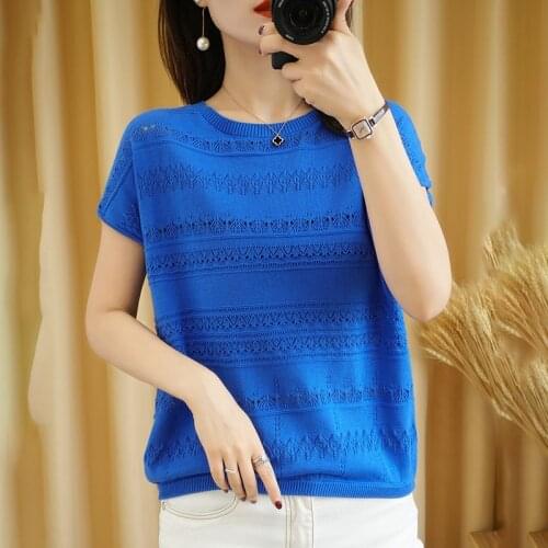 2021 spring and summer new womens O-neck short-sleeved sweater pullover cotton soft