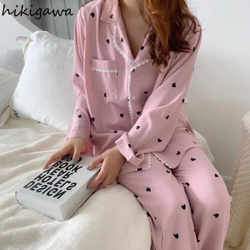 Hikigawa Summer Women Pajamas Korean Love Print Sweet Two Piece Set Pantsuits Home Swrvice Set Sleepwear Pijamas De Mujer 97671
