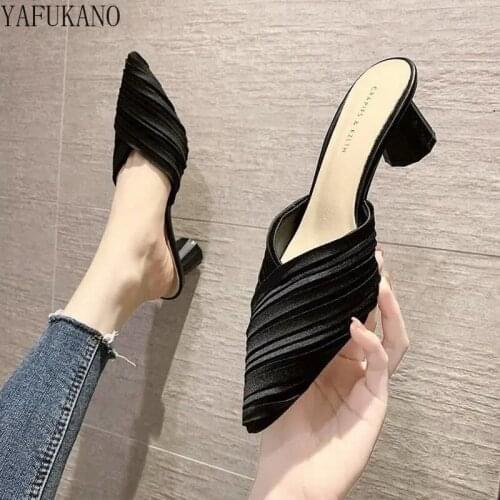 Summer Fashion Pointed Toe Pleated Women Slippers Elegant Ladies Party Dress Slides High Heel Mules Half Slippers Round Heels