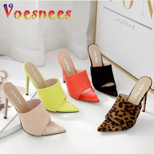 Voesnees 2021 Pointed End Flock Slippers New Leopard Thin Heel Rome Gladiator Sandal Fashion Women Ladies Slides Stiletto Shoes