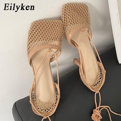 Eilyken Autumn Mesh Casual Pumps sandals Female Square Toe high heel Lace Up Cross-tied Stiletto hollow Dress tacones de mujer
