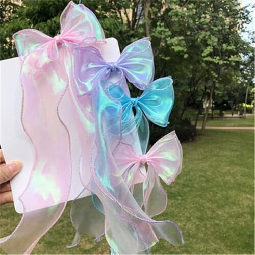 Girls Super Fairy hair Accessories Big Bow Braided Hairstyle Hairpin Little Fairy Colorful Long Streamer Fishtail Riband Spring