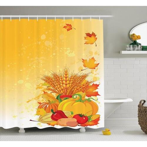 Harvest Shower Curtain Vivid Festive Collection of Vegetables Plump Pumpkins Wheat Fall Leaves Bathroom Waterproof Curtains
