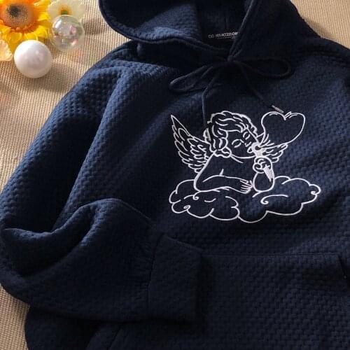Goth Waffle Plaid Angel Embroidery Hoodie New Hip Hop Streetwear Sweatshirt Women Clothes for Teens 2021 Autumn New Casual Tops