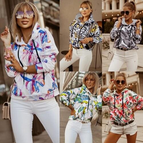 Womens Long Sleeve Floral Hoodie Sweater Loose Print Street Style Sweatshirts 2021 Autumn Women Pullover Hoodies T-shir Tops