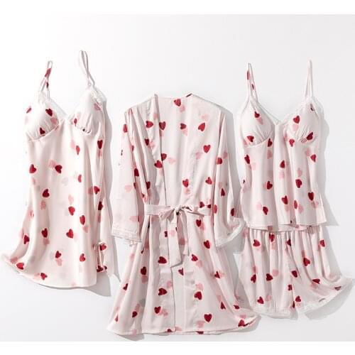 Women Pajamas Sets Pink Print Pijama Sleepwear 4 Pieces Spaghetti Strap Satin Spring Sexy V-neck Pyjamas With Chest Pads