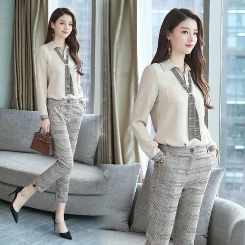 Womens autumn Suit and winter 2020 Korean fashion show thin chiffon long sleeve shirt + Capris temperament two piece set