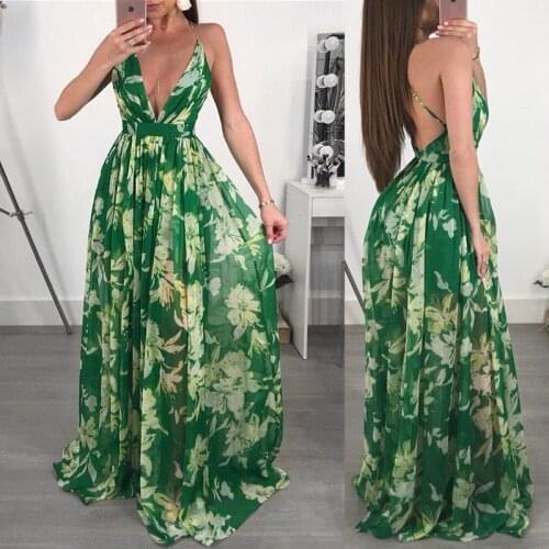 Women Long Maxi Dresses Sexy V Neck Boho Floral Print Summer Dress Back Corss Backless Beach Long Vestidos Plus Size Dress