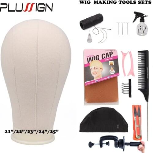 Plussign 10Pcs Wig Making Kit Training Mannequin Head Canvas Block Head With Hair Clips Stand Spandex Mesh Cap T Pins Tail Comb