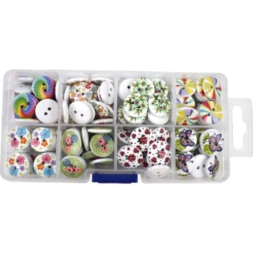 120PCS Mixed Flower Print 2 Holes Wooden Buttons with Storage Box 15MM Decorative Buttons for Clothing Sewing Accessories