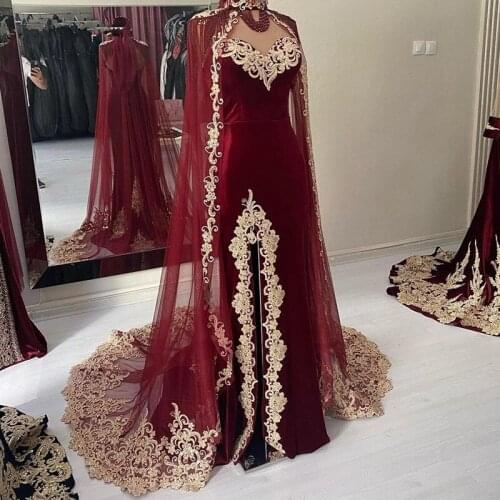 Burgundy Moroccan Kaftan Caftan Muslim Evening Dresses A-line Velvet Appliques Beading Dubai Arabic Turkey Abaya Islamic Gown