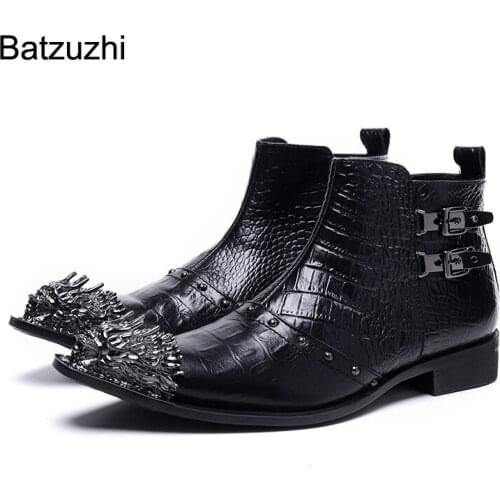 Batzuzhi New Design Golden Metal Toe Red Genuine Leather Short Boots Men Western Fashion Men Boots Shoes Zip Party Botas Hombre