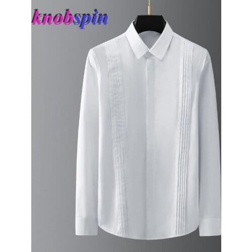 Brand Symmetrical Pleated Cloth Pattern titching Men Shirt Long Sleeve Pure cotton Slim Chemise homme High-end Male Dress Shirts