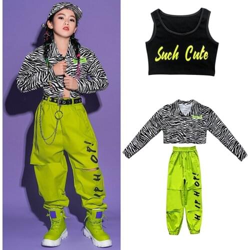 ChildrenS Hip-Hop Dance Clothes Girls Jazz Performance Costumes Zebra Pattern Tops Fluorescent Green Pants Rave Clothes DN8288