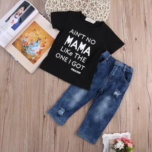 Newborn Toddler Kids Boys Clothes T Shirt Tee Top +Denim Distressed Pants Outfits Set Short Sleeve Letter Tops Cotton Suit