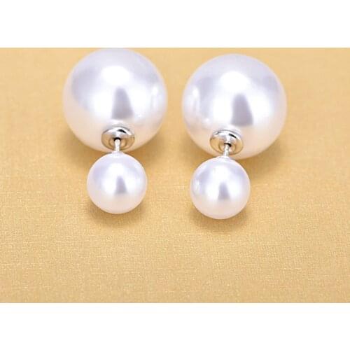 Double Side Round Simulated Pearl Wedding Stud Earrings For Women Sterling Silver 925 Jewelry 2018