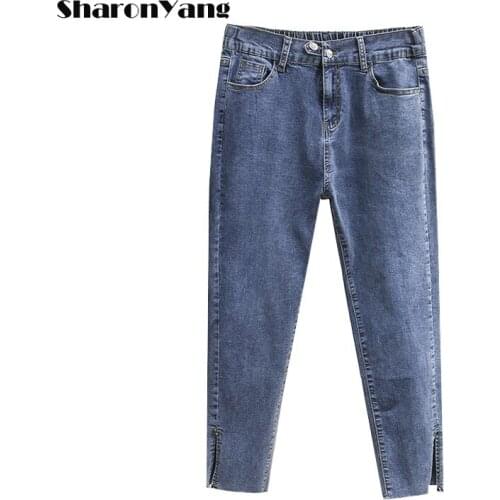Autumn Casual Straight Jeans Women Plus Size 100kg Elasticity High Waist Straight Pants Loose Large Size Side Split Mom Jeans
