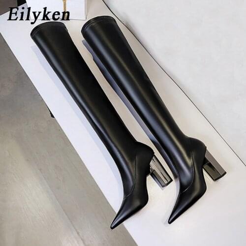 Eilyken 2021 Winter New Fashion Pointed Toe Over The Knee Boots Women Square High Heels Shoes High Quality Pu Leather Slim Pumps