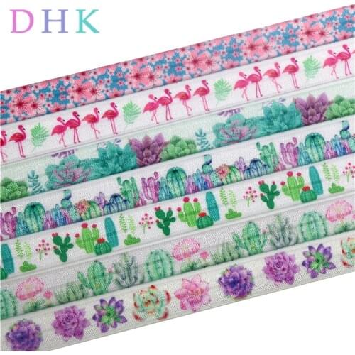 DHK 5/8'' 50yards flamingo cactus plant printed Fold Elastic FOE stretch ribbon hairbow headwear headband DIY OEM S1002