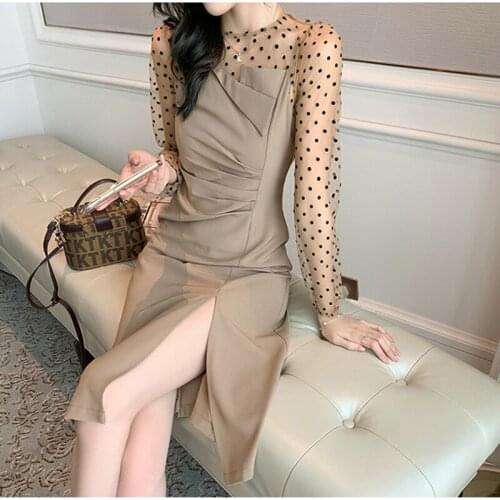Elegant Women Dress O-neck Mesh See-through Long Sleeve Polka Dot Patchwork 2021 Spring High Split Sexy Office Lady Dresses