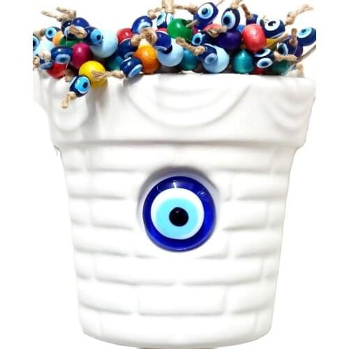 Ceramic White Flowerpot Evil Eye Beaded Colorful Wall Ornament