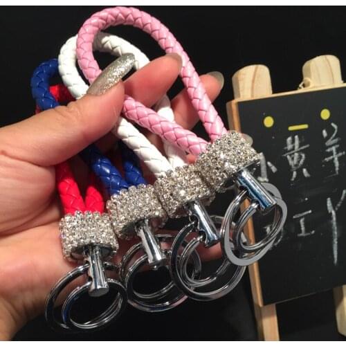 Leather rope car key ring inlaid with diamond car key chain water drill high grade key ring pendant braided rope