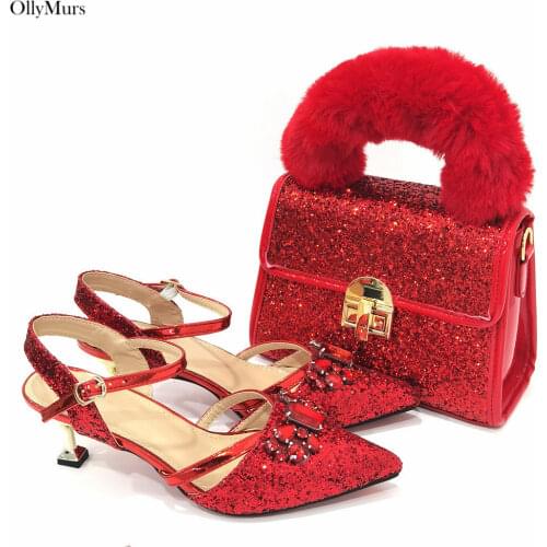 Fashion Elegant Rhinestone Woman Shoes And Matching Bags Set Size 38-43 Italy Style High Heel Shoes And Bags For Wedding
