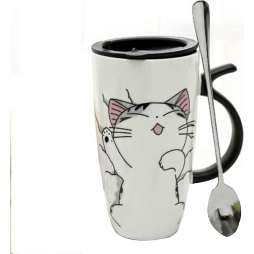 Cartoon 600ML Ceramic Cute Cat With Lid Spoon Porcelain Large Capacity Coffee Tea Cups Novely Gift