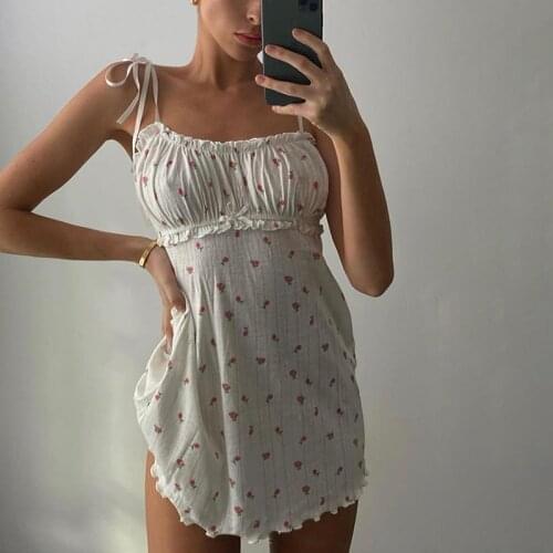 Dresses Ladies Floral Printed Sleeveless Spaghetti Strap Dress Summer White A Line Short Ruched Tie Up Casual Dress платье 2021