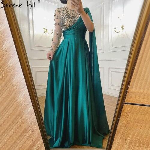 Serene Hill Green A-Line Luxury Diamonds Evening Gown 2021 One Shoulder Satin For Woman Formal Party Dress CLA70923