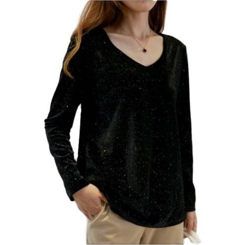 2021 Spring Autumn Big Plus Size Tops for Women Long Sleeve Loose V neck Sequin Black T-shirt Clothing