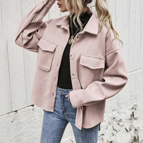 Europe America Autumn Winter 2021 Lapel Long-sleeved Single-breasted Thick Solid Color Shirt Woolen Loose Jacket Women