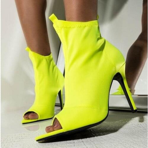 Womens Stretch Fabric Ankle Boots 2020 Woman Slip On Ladies Peep Toe Thin High Heels Female Shoes Big Size Women Elegant Pumps