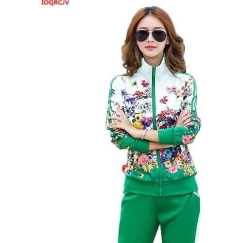 Womens Casual Sports Suits 2020 Spring Print Jacket+Lenght Pants Two Sets Lady Sportswear Suit Plus Size Tracksuits Set 6XL W03