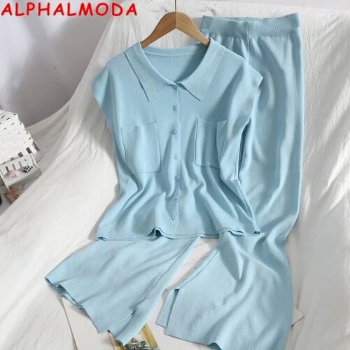 ALPHALMODA 2021 Turn-down Collar Sleeveless Knitted Pocket Tank Top + Side Split Wide Leg Pants Women Casual Knitting Suits