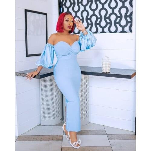 2021 Women Sexy Puff Sleeve V-Neck Off Shoulder Split Bandage Dress Fashion Club Party Elegant Sky Blue Red Black Pink Bodycon