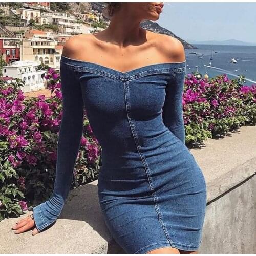 Denim Dress Vestdos Women Slash Neck Long Sleeve Slash Neck Jeans Dress Summer Sheath Slim Dresses