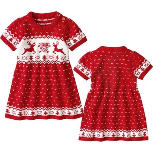 2020 Winter Knitted Girl Dress Christmas Cartoon Deer Party Short Sleev Children Clothes Kids Dresses Girls New Year Clothing