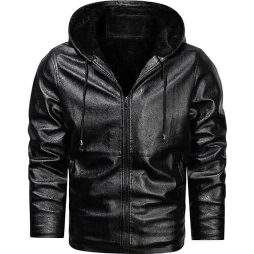 Winter Men Vintage Motorcycle Jacket Winter Fashion Leather Coat Winter Hooded PU Overcoat Plus Size Warm Bomber Coat